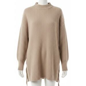 SLY Sweater One Size Tan Brown Ribbed Chunky Knit Mock Neck Waist Tie Preppy